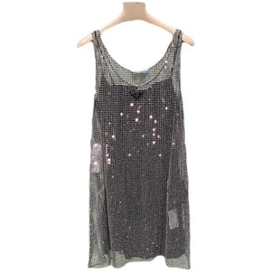 Sleeveless Fishnet Crystal Long Tank Dress with Bright Diamond Rhinestones and Round Neck