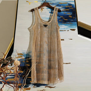 Sleeveless Fishnet Crystal Long Tank Dress with Bright Diamond Rhinestones and Round Neck