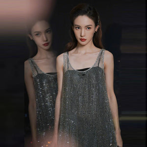 Sleeveless Fishnet Crystal Long Tank Dress with Bright Diamond Rhinestones and Round Neck