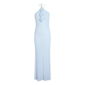 Elegant Blue Halter Neck Maxi Dress with Flower Accents and Backless Design