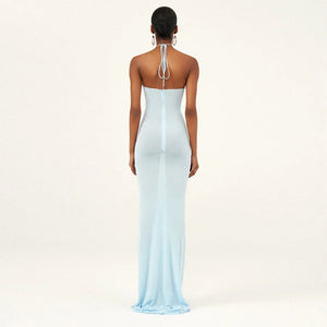 Elegant Blue Halter Neck Maxi Dress with Flower Accents and Backless Design