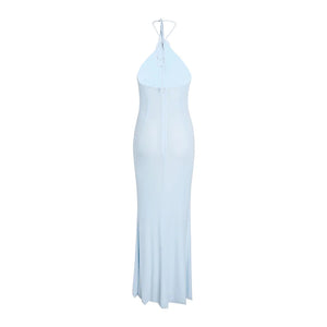 Elegant Blue Halter Neck Maxi Dress with Flower Accents and Backless Design