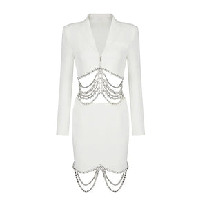 Elegant White V-Neck Dress with Rhinestone Tassels for Women