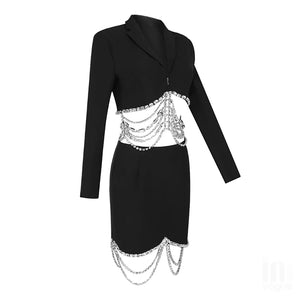 Elegant White V-Neck Dress with Rhinestone Tassels for Women