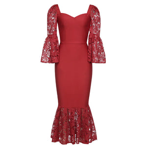 Elegant Red Bodycon Dress with Off-Shoulder Lace Sleeves and Mermaid Hem for Evening Events