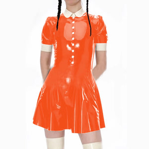 Kawaii Japanese Lolita A-Line School Style Dress Shiny PVC Leather Button Mini Club Short Sleeve Dress S-7XL Multi-Color Available