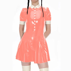 Kawaii Japanese Lolita A-Line School Style Dress Shiny PVC Leather Button Mini Club Short Sleeve Dress S-7XL Multi-Color Available