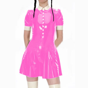 Kawaii Japanese Lolita A-Line School Style Dress Shiny PVC Leather Button Mini Club Short Sleeve Dress S-7XL Multi-Color Available