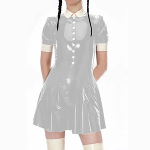 Kawaii Japanese Lolita A-Line School Style Dress Shiny PVC Leather Button Mini Club Short Sleeve Dress S-7XL Multi-Color Available