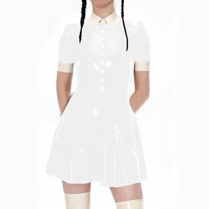 Kawaii Japanese Lolita A-Line School Style Dress Shiny PVC Leather Button Mini Club Short Sleeve Dress S-7XL Multi-Color Available