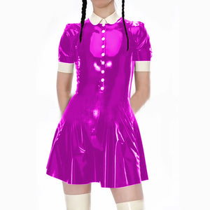 Kawaii Japanese Lolita A-Line School Style Dress Shiny PVC Leather Button Mini Club Short Sleeve Dress S-7XL Multi-Color Available