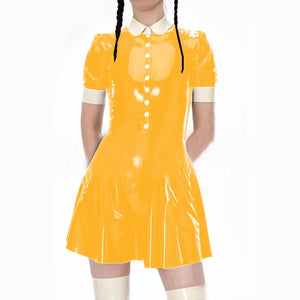 Kawaii Japanese Lolita A-Line School Style Dress Shiny PVC Leather Button Mini Club Short Sleeve Dress S-7XL Multi-Color Available