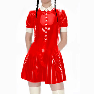 Kawaii Japanese Lolita A-Line School Style Dress Shiny PVC Leather Button Mini Club Short Sleeve Dress S-7XL Multi-Color Available