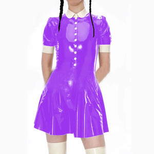 Kawaii Japanese Lolita A-Line School Style Dress Shiny PVC Leather Button Mini Club Short Sleeve Dress S-7XL Multi-Color Available