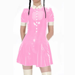 Kawaii Japanese Lolita A-Line School Style Dress Shiny PVC Leather Button Mini Club Short Sleeve Dress S-7XL Multi-Color Available