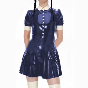 Kawaii Japanese Lolita A-Line School Style Dress Shiny PVC Leather Button Mini Club Short Sleeve Dress S-7XL Multi-Color Available