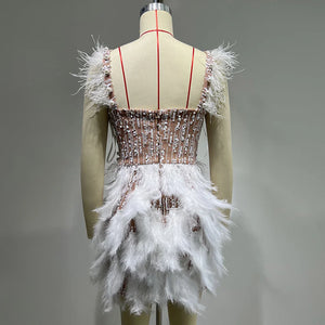 Chic Sleeveless Sequin and Feather Mini Dress with Sweetheart Neckline and Pearl Beading