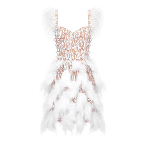 Chic Sleeveless Sequin and Feather Mini Dress with Sweetheart Neckline and Pearl Beading