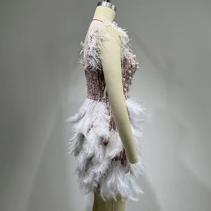 Chic Sleeveless Sequin and Feather Mini Dress with Sweetheart Neckline and Pearl Beading