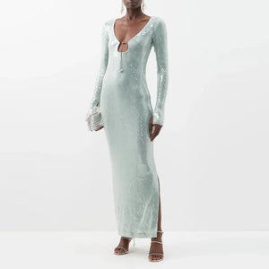 Pale Blue Sequin V-Neck Dress with Lace-Up Detail and Long Flared Sleeves