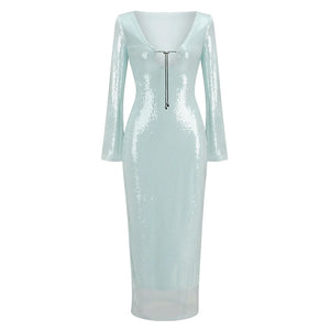 Pale Blue Sequin V-Neck Dress with Lace-Up Detail and Long Flared Sleeves