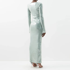 Pale Blue Sequin V-Neck Dress with Lace-Up Detail and Long Flared Sleeves