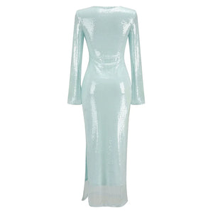 Pale Blue Sequin V-Neck Dress with Lace-Up Detail and Long Flared Sleeves