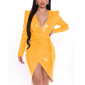 Women's PVC Leather V Neck Long Sleeve Asymmetrical Hem Mini Dress with Waist Bandage Multicolor