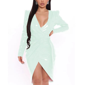 Women's PVC Leather V Neck Long Sleeve Asymmetrical Hem Mini Dress with Waist Bandage Multicolor