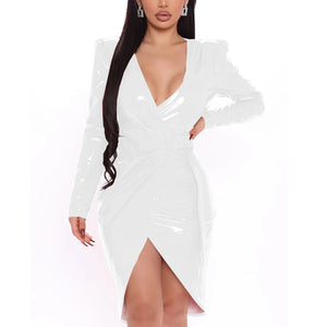 Women's PVC Leather V Neck Long Sleeve Asymmetrical Hem Mini Dress with Waist Bandage Multicolor