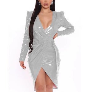 Women's PVC Leather V Neck Long Sleeve Asymmetrical Hem Mini Dress with Waist Bandage Multicolor