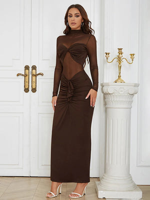 Women's Chocolate Brown Mesh Patchwork Long Sleeve Maxi Dress with Ruched Detail for Evening and Club Wear