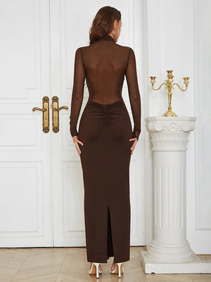 Women's Chocolate Brown Mesh Patchwork Long Sleeve Maxi Dress with Ruched Detail for Evening and Club Wear