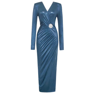 Elegant Blue Metallic V-Neck Long Sleeve Pleated Dress