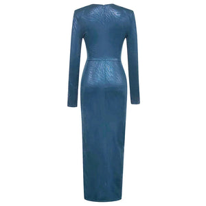 Elegant Blue Metallic V-Neck Long Sleeve Pleated Dress