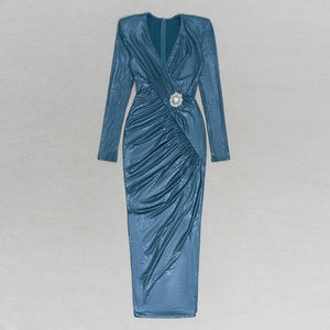 Elegant Blue Metallic V-Neck Long Sleeve Pleated Dress