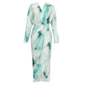 Green and White Watercolor Print V-Neck Pleated High-Low Long Sleeve Dress