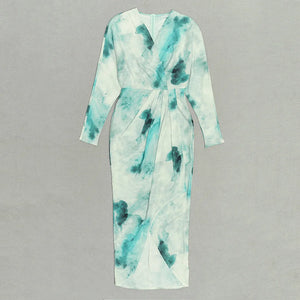 Green and White Watercolor Print V-Neck Pleated High-Low Long Sleeve Dress