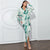 Green and White Watercolor Print V-Neck Pleated High-Low Long Sleeve Dress