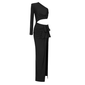 One-Shoulder Black Bodycon Maxi Dress with Waist Cut-Out and Long Sleeve