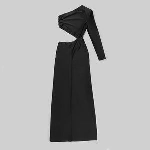 One-Shoulder Black Bodycon Maxi Dress with Waist Cut-Out and Long Sleeve