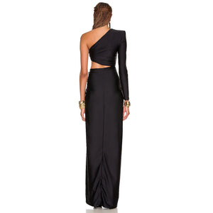 One-Shoulder Black Bodycon Maxi Dress with Waist Cut-Out and Long Sleeve