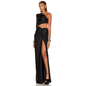 One-Shoulder Black Bodycon Maxi Dress with Waist Cut-Out and Long Sleeve