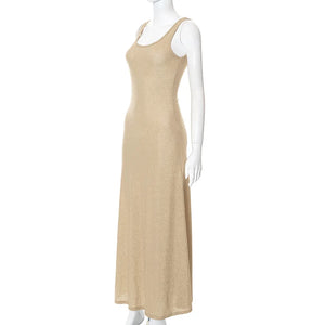 Elegant Glitter Sleeveless Maxi Dress, Elastic Slim Sling with Fishtail Pleat Design