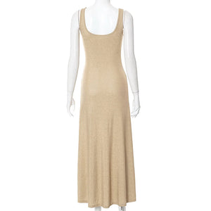 Elegant Glitter Sleeveless Maxi Dress, Elastic Slim Sling with Fishtail Pleat Design