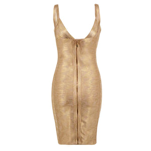 Gold Foil Spaghetti Strap Mini Dress, V-Neck Bodycon Bandage Dress for Clubwear