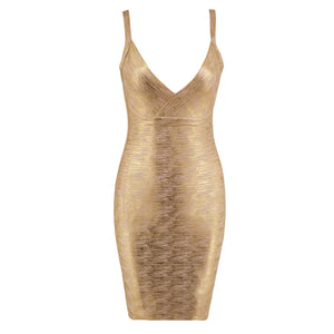 Gold Foil Spaghetti Strap Mini Dress, V-Neck Bodycon Bandage Dress for Clubwear