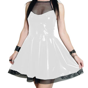 Glossy PVC Mesh Halter Sleeveless A-Line Mini Dress Sweetheart Tulle Hem Multi-Color High Street Fashion Club Summer Outfit