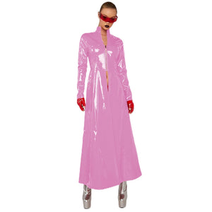 Glossy Women's Slim Long Trench Coat Dress Gothic Victorian Style Long Sleeve Front Zipper Multi-Color S-7XL