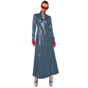 Glossy Women's Slim Long Trench Coat Dress Gothic Victorian Style Long Sleeve Front Zipper Multi-Color S-7XL